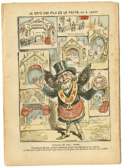 Illustration af Achille Lemot (1846-1909) i Le Pelerin, 23/09/06 - Enkens sønners drøm - Antimilitarisme, Religion Tro, Churches Cathedrales, Katolsk katolicisme - Laicisation af det religiøse rum, Laicisation Laicite Lay-love - Hiram af Achille Lemot