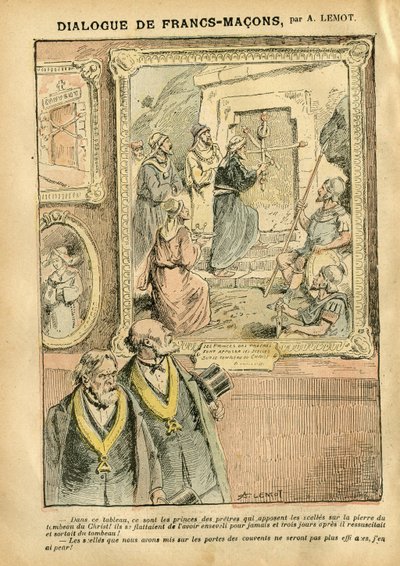 Illustration af Achille Lemot (1846-1909) i Le Pelerin, 31/03/07 - Dialog mellem Francs-Macons - Kunst, Antimaconism Freemaking, Religion Tro, katolsk katolicisme - Adskillelse af kirke og stat, opgørelser/reaktioner på opgørelser af Achille Lemot