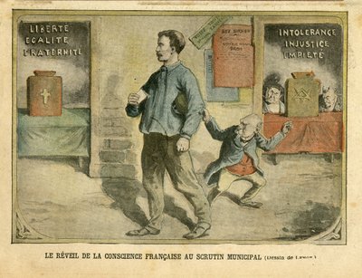 Illustration af Achille Lemot (1846-1909) i Le Pelerin, 01/05/04 - Den franske samvittigheds opvågning til kommunal afstemning - Valg, Religion Tro, Bloc des lefts, Catholicism Catholique - Laicisation Laicite Sekulære love - Combes Emile (1835) -1921), af Achille Lemot