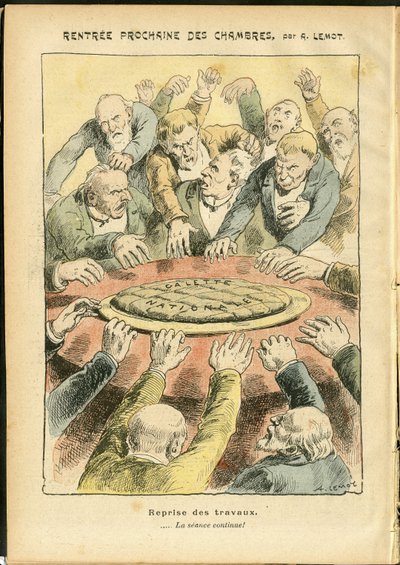 Illustration af Achille Lemot (1846-1909) i Le Pelerin, 03/06/06 - Næste udlejning af kamrene - Antiparlamentarisme, Deputeretkammeret Hemicycle, Galette des rois - Deputeret af Achille Lemot