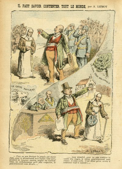 Illustration af Achille Lemot (1846-1909) i Le Pelerin, 03/09/05 - Du skal vide, hvordan du kan behage alle - Antiklerikalisme, Antimakonisme Freemaking, Religion Tro, Medalje, Bloc des lefts, Katolsk Katolicisme - Udsættelse af religiøse, Laicization Lai af Achille Lemot