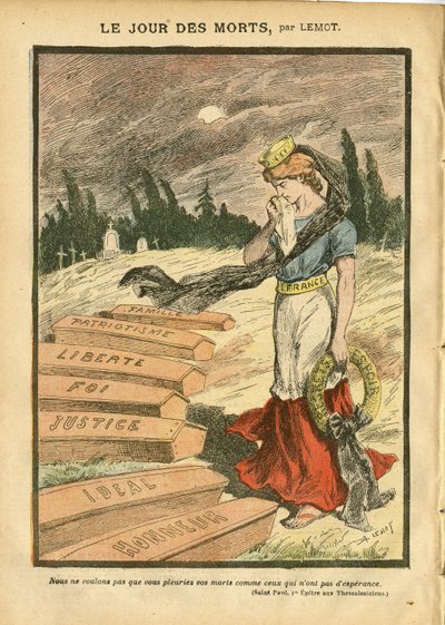 Illustration af Achille Lemot (1846-1909) i Le Pelerin, 03/11/07 - De Dødes Dag - Retfærdighedsprocedurer, Religion Tro, Liberte, Frankrig, Trefarvet Flag, Patriotisme, Sørgende Obseque Begravelse, Ære, Kist - Marianne - Døden, religiøs metafor af Achille Lemot