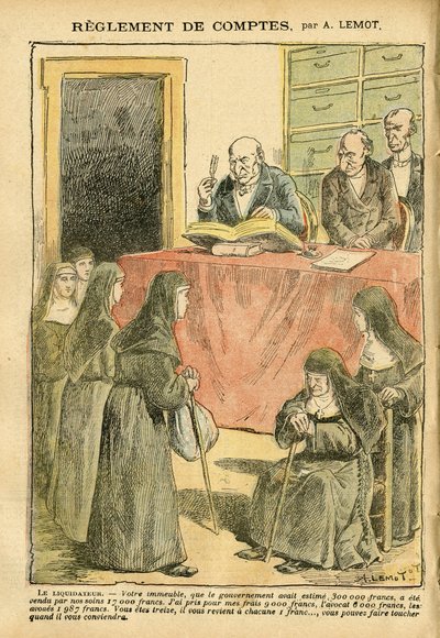 Illustration af Achille Lemot (1846-1909) i Le Pelerin, 04/08/07 - Regulering af regnskaber - Antisemitisme, Religion Tro, katolsk katolicisme - Adskillelse af kirke og stat, opgørelser/reaktioner på opgørelser - Nonner søstre gode søstre af Achille Lemot