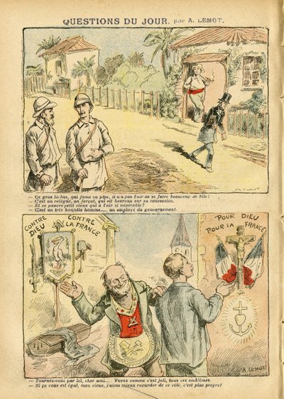 Illustration af Achille Lemot (1846-1909) i Le Pelerin, 06/10/07 - Dagens spørgsmål - Kolonisering Kolonialisme Kolonisme, Antimakonisme Freemaking, Religion Tro, Ateisme, Patriotisme, Eksil, Katolsk Katolicisme - Nybyggere, Explorer, Forcats, Bagnards af Achille Lemot