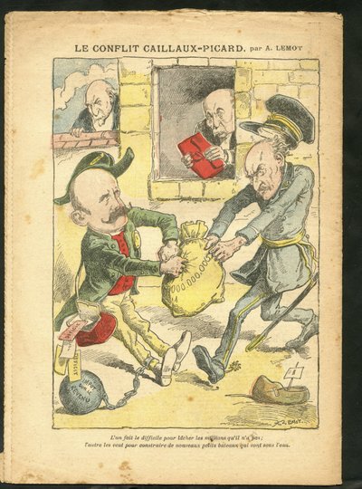 Illustration af Achille Lemot (1846-1909) i Le Pelerin, 07/03/09 - Caillaux-Picard-konflikten - Beskatning, indkomstskat - Combes Emile (1835-1921), Clemenceau George, Caillaux Joseph (1863-1944) af Achille Lemot