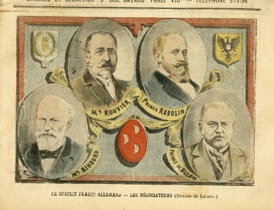 Illustration af Achille Lemot (1846-1909) i Le Pelerin, 09/07/05 - Den fransk-tyske konflikt forhandlerne - Kolonisering Kolonialisme Kolonier, Tyskland Preussen, Marokko, Frankrig, Tanger - Rouvier Maurice (1842-1911), Bulow Bernhard von (1849-1929), Rad af Achille Lemot
