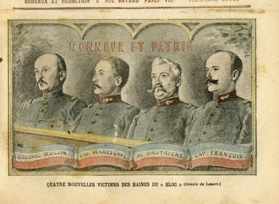 Illustration af Achille Lemot (1846-1909) i Le Pelerin, 20/11/04 - Fire nye ofre for blokhadet - Armee, Fiche-affæren, Patriotisme - Rollin-oberst, Mareschal-kaptajn, Dautriche, Francois-kaptajn af Achille Lemot