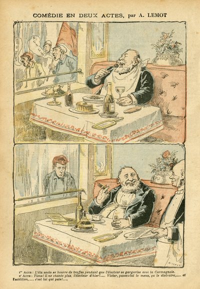 Illustration af Achille Lemot (1846-1909) i Le Pelerin, 22/05/04 - Komedie i to akter - Restaurantcaféer, Gastronomi madlavning, Socialisme - Boys de cafe, Trøffel - Fed/mager af Achille Lemot