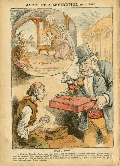 Illustration af Achille Lemot (1846-1909) i Le Pelerin, 22/12/07 - Tidligere og i dag - Pensioneringsarbejderes pensionering, anti-parlamentarisme, religion tro, Noel, Deputeretkammeret, 15.000, parlamentarisk skadesløsholdelse, katolsk katolsk af Achille Lemot