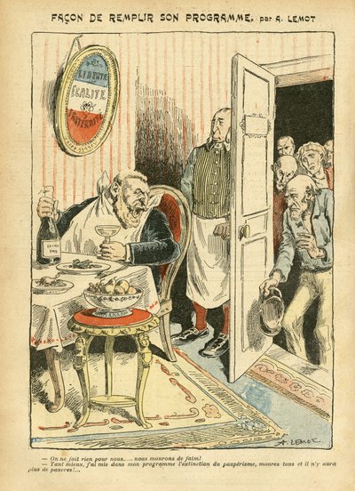 Illustration af Achille Lemot (1846-1909) i Le Pelerin, 23/07/05 - Hvordan man opfylder sit program - Social, Misere, Gastronomi kok, Socialisme - Jaures Jean, Deputeret, Homemans - Mad Metafor, Opposition/Association af Achille Lemot