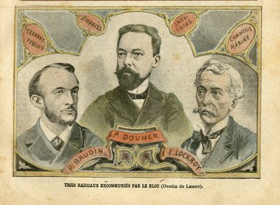 Illustration af Achille Lemot (1846-1909) i Le Pelerin, 23/10/04 - Tre radikale excommunies af blokken - Budget Finances, Republikkens præsident, Maritime Marine Nautique Balneaire, Bloc des lefts, Indokine, Works publics - Doumer Paul (1857-1932), af Achille Lemot