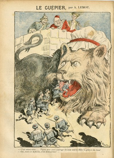 Illustration af Achille Lemot (1846-1909) i Le Pelerin, 25/08/07 - Le Guepier - Krig, Tyskland Preussen, England Storbritannien, Spanien, Maritime Marine Seaside - Lion/Tiger af Achille Lemot