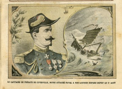 Illustration af Achille Lemot (1846-1909) i Le Pelerin, 25/09/04 - Kaptajnen på fregatten i Cuverville, vores flådetilknytning til Port-Arthur forsvundet siden 17. august - Armee, Maritime Marine Nautique Balneaire, Port-Arthur, Naufrage - De Cuverville af Achille Lemot