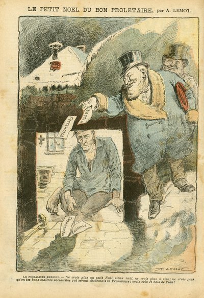 Illustration af Achille Lemot (1846-1909) i Le Pelerin, 25/12/04 - The Christmas of the Good Proletary - Valg, Misere, Winter, Life of the Rich, Socialisme - Arbejder, Elendig, Fattig, SDF - Opposition/forening af Achille Lemot