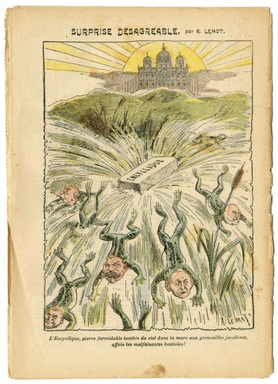 Illustration af Achille Lemot (1846-1909) i Le Pelerin, 26/08/06 - Ubehagelig overraskelse - Gejstlig/antirepublikansk, Religion Tro, Vatikanet, Udtryk, Katolsk Katolicisme - Encyklika - Batracian Frog - Animalisering af Achille Lemot