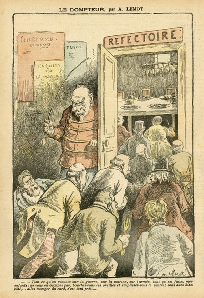 Illustration af Achille Lemot (1846-1909) i Le Pelerin, 27/03/04 - Tæmmeren - Restaurantcaféer, gastronomisk kok - Combes Emile (1835-1921), Tamer - Madmetafor af Achille Lemot