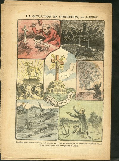 Illustration af Achille Lemot (1846-1909) i Le Pelerin, 28/02/09 - Situationen i farver - Religion Tro, Maritime Marine Seaside, Ateisme, Ulykker Katastrofer, Naturkatastrofer, Christian Cross, Katolsk Katolicisme - Guldkalv af Achille Lemot