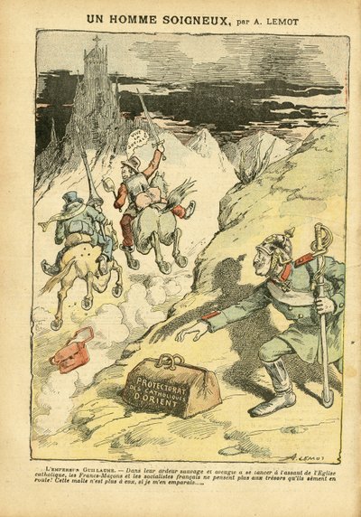 Illustration af Achille Lemot (1846-1909) i Le Pelerin, 28/05/05 - A Careful Man - Antiklerikalisme, Social, Kolonisering Kolonialisme Kolonisme, Franco-Makonisme, Orient, Religion Tro, Venstreblok, Socialisme, Protektorat for den østlige katolicisme, kato af Achille Lemot