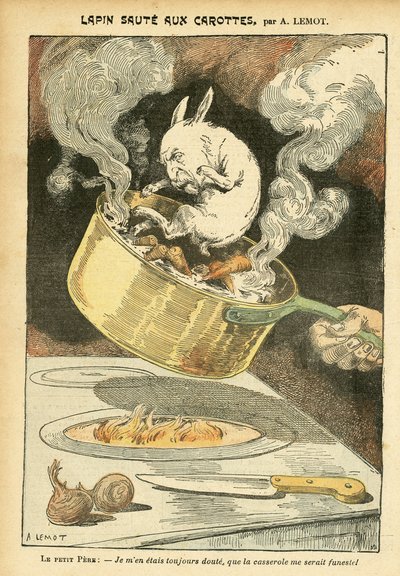 Illustration af Achille Lemot (1846-1909) i Le Pelerin, 29/01/05 - Kaninjumte med gulerødder - Arkivetui, Gastronomi køkken - Combes Emile (1835-1921), Kanin - Kasserolle - Madmetafor, Animalisering af Achille Lemot