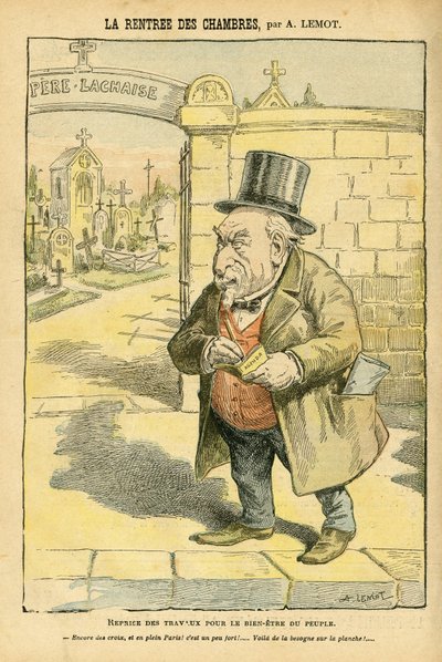 Illustration af Achille Lemot (1846-1909) i Le Pelerin, 29/05/04 - La rentree des rooms - Religion Faith, Cemetery, Bloc des lefches, Mourning Obseques Funerailles, Pere Lachaise, katolsk katolicisme - Laicisering af det religiøse rum, Laicite Laiques af Achille Lemot