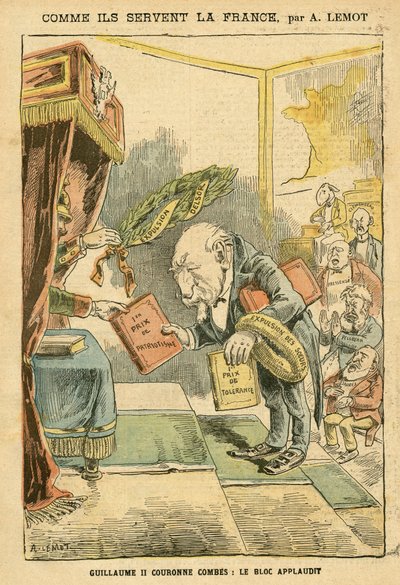 Illustration af Achille Lemot (1846-1909) i Le Pelerin, 31/01/04 - Sådan tjener de Frankrig - Tyskland Preussen, Religion Tro, Bloc des Left, Patriotisme, Katolsk Katolicisme - Udsættelse af religiøse - Combes Emile (1835-1921) , William II, Delsor Nicolas af Achille Lemot