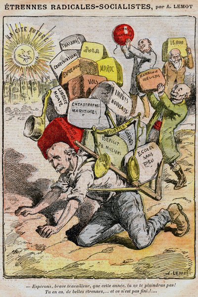 Radikale-socialister (socialistiske radikale): tegneserie af Achille Lemot (1846-1909) i Le Pelerin (1909) - en arbejder styrter ned under byrden af skatter, skatter og gener som følge af dårlig ledelse af regeringen og Georges Clemenceau - strejker, d. af Achille Lemot