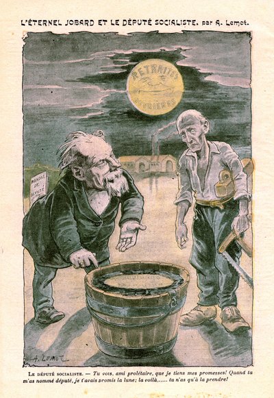 Socialistisk stedfortræder, der lover månen (pensionering) til en fattig proletar (tømrer), i Le Pelerin, katolsk ugeblad nr. 1391 af 30. august 1903 af A. Lemot (tegning) af Achille Lemot