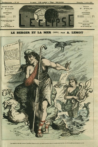 Hyrden og havet illustrerer en fabel, der erstatter tegneserien af Gill "The Frogs Who Ask for a King"", der er forbudt af censur. Cover i "" L