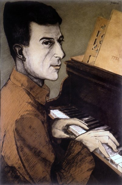 Portræt af Maurice Ravel på klaveret - litografi af Ouvré af Achille Ouvré