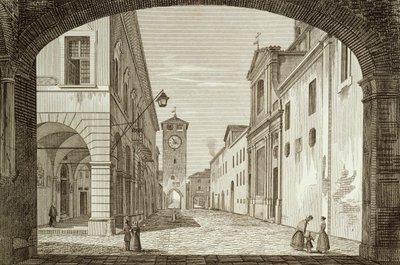 Udsigt over Castel Bolognese-pladsen i Legation of Ravenna, indgraveret af Achille Parboni (1783-1841), Italien af Achille Parboni