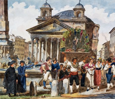 Jordbærfestival ved Pantheon i Rom, Akvarel af Achille Pinelli (1809-1841), Italien af Achille Pinelli