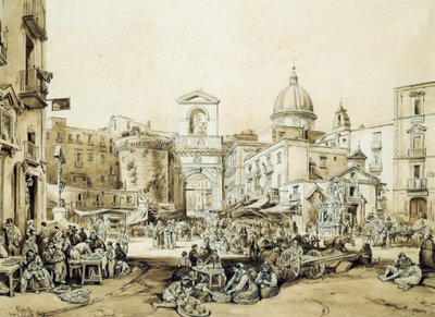 Porta Capuana i Napoli, af Achille Vianelli (1803-1894), sepia, 43x60,5 cm af Achille Vianelli