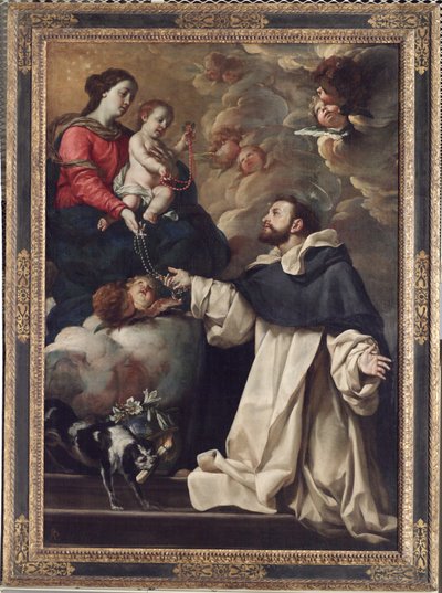 Jomfruen overrækker rosenkransen til den hellige Dominic, ca. 1679 - 88 (olie på lærred) af Acsilso Antonio de Palomino