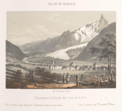 Udsigt over Aiguille de Bionnassay med gletscher Aiguille et Glacier de Bionnassay (titel på objekt) Memory of Chamonix-Mont-Blanc (serietitel) Museum du Mont-Blanc (serietitel på objekt) af Ad. Cuvillier