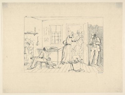 Slaver skjuler deres mester for et eftersøgningsparti fra Confederate War Etchings, 1861-63. af Adalbert John Volck