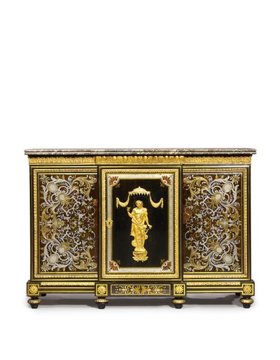 Louis XVI sideskab, bestilt af Marchand-Mercier Claude-Francois Julliot, inkorporerer Louis XIV marquetry paneler, ca. 1775-1800 (ormolu monteret, messing & tin indlagt ibenholt og skildpadde) af Adam (attr. to) Weisweiler