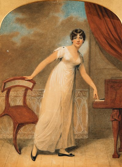 Portræt af en dame, stående i fuld længde i en hvid kjole af et klaver, 1801 af Adam Buck