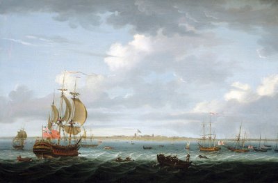 Sejlads ud for Madras (Indien), med en beskrivelse af havnen og byen og det britiske flag, der vajer over Fort Saint George, som minder om det britiske imperiums stigende vanskeligheder i Indien. af Adam Callander