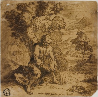 Siddende mand klør sig på benet af Adam Elsheimer