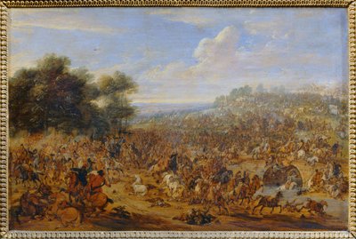 Kamp i nærheden af en bro ... af Adam Frans van der (circle of) Meulen