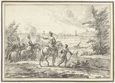 Ryttere på en bakke foran en by af Adam Frans van der Meulen (possibly)