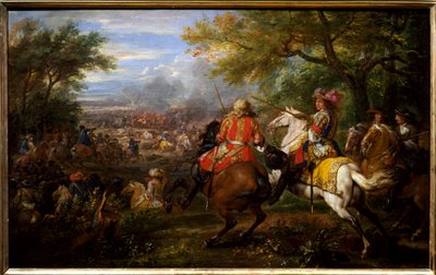 Besejrede den spanske hær nær Brugge-kanalen den 31. august 1667. Kongen af Frankrig Ludvig XIV, på en hvid hest, er omringet af sine generaler: Francois de Crequy (1629-1687) og prins Ludvig II af Bourbon-Conde (Bourbon Conde) ) kaldet Grand Conde (16 af Adam Frans van der Meulen