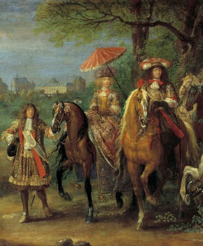 Kong Ludvig XIV (1638-1715) og dronning Marie-Therese af Østrig (1638-1683) går foran slottet i Vincennes i 1669 detaljer af maleriet af Adam Frans Van der Meulen (1632-1690) af Adam Frans van der Meulen