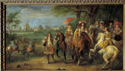 Kong Ludvig XIV (1638-1715) og dronning Marie-Therese af Østrig (1638-1683) gående foran slottet Vincennes i 1669 Maleri af Adam Frans Van der Meulen (1632-1690) af Adam Frans van der Meulen