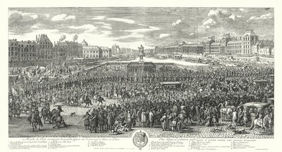 Ludvig XIV af Frankrig og hans vagt krydser Pont-Neuf i Paris på vej til Palais du Louvre (gravering) af Adam Frans van der Meulen