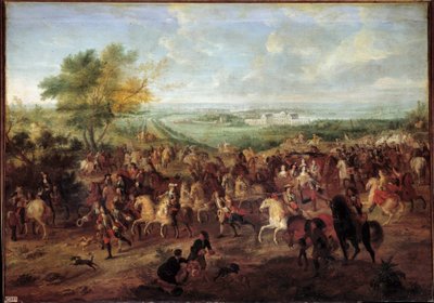Gå i vogn af kong Louis XIV (1638-1715), dronning Marie Therese af Østrig, Dauphin Louis og Dauphine foran slottet Clagny i Versailles Maleri af Adam van der Meulen (1632-1690) Omkring 1680 Søn. 1,4x1,9 af Adam Frans van der Meulen