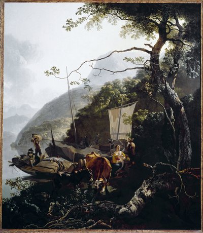 Sejlbåd lægger til på stranden ved en sø, ca. 1660 (olie på lærred) af Adam Pynacker