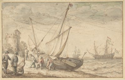 Fiskere trækker deres båd ind på kysten, n.d. af Adam Willaerts