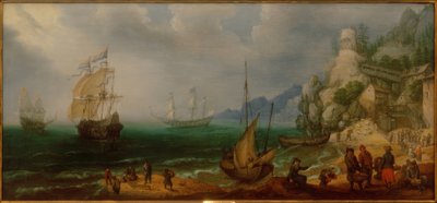Klippefyldt kystlandskab med sejlskibe og fiskere af Adam Willarts
