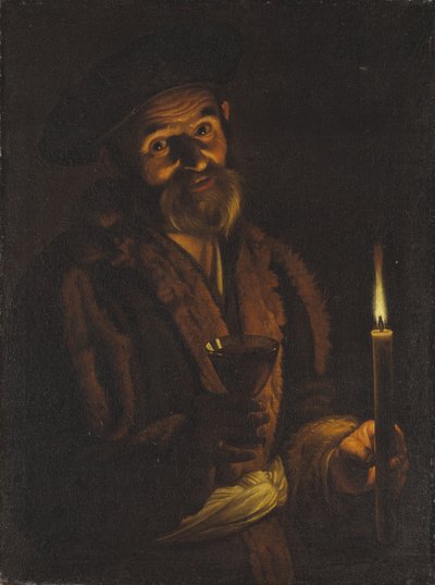 Gammel mand holder et lys og et glas af Adam de Coster